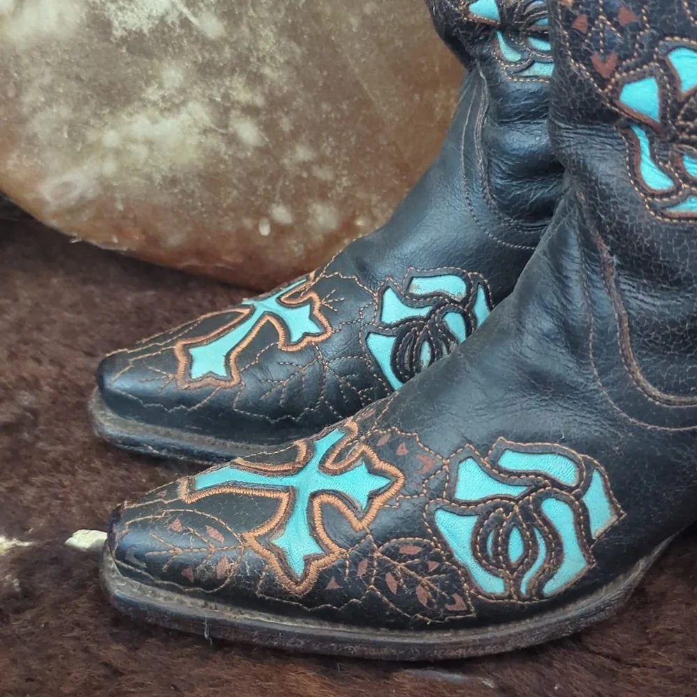 CORRAL R2482 Espresso brown & turquoise inlay crosses & roses cowgirl boots sz 7 - Picture 8 of 16